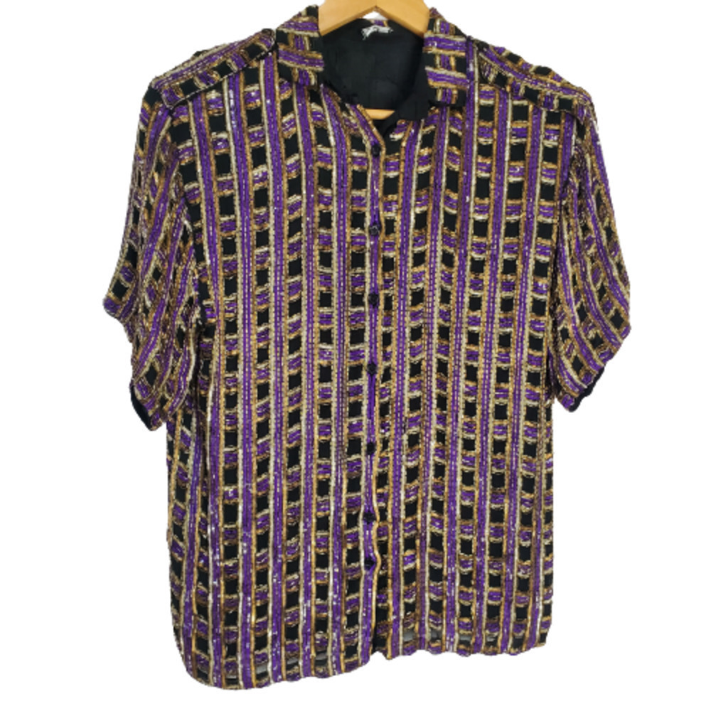 Vintage 80s Silk Beaded Sparkly Black Purple Button Down Blouse Size Medium